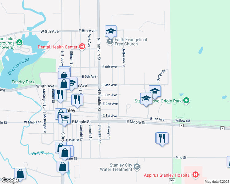 map of restaurants, bars, coffee shops, grocery stores, and more near 340 East 4th Avenue in Stanley
