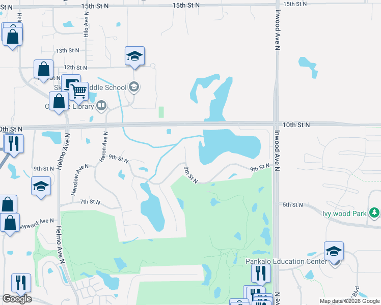 map of restaurants, bars, coffee shops, grocery stores, and more near 8142 9th Street Place North in Oakdale