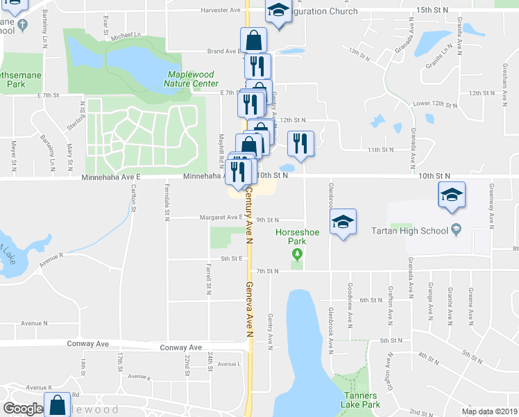 map of restaurants, bars, coffee shops, grocery stores, and more near 6085 10th Street North in Oakdale