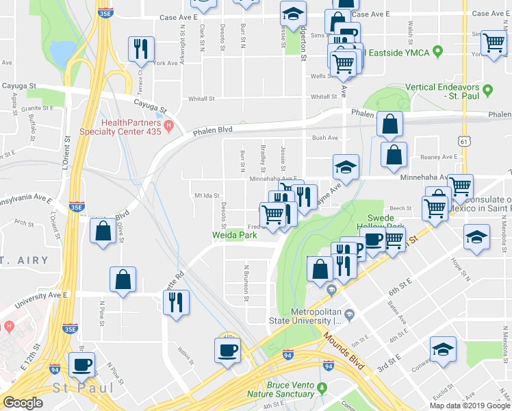 map of restaurants, bars, coffee shops, grocery stores, and more near 711 Bradley Street in Saint Paul