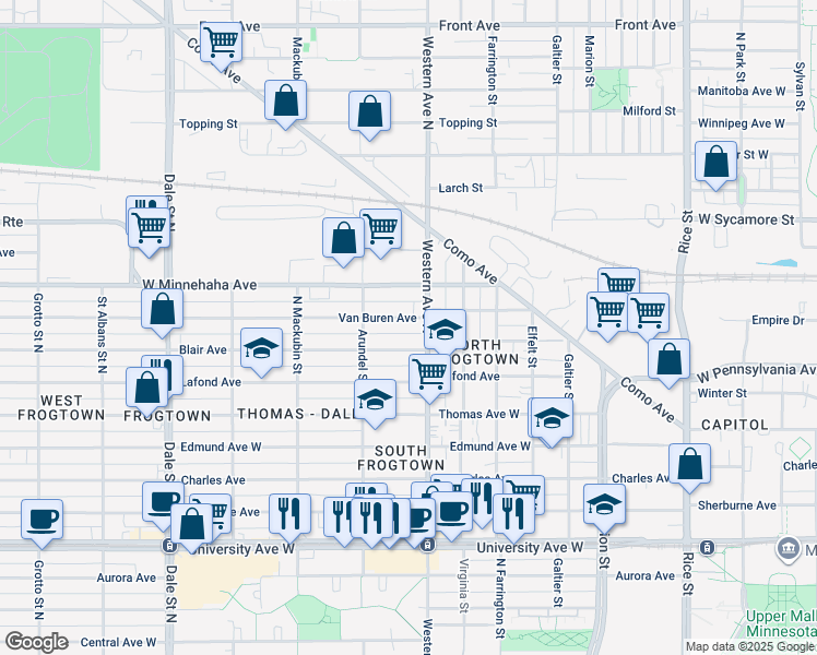map of restaurants, bars, coffee shops, grocery stores, and more near 403 Van Buren Avenue in Saint Paul