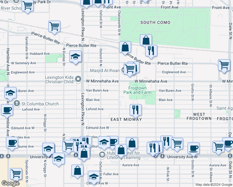 map of restaurants, bars, coffee shops, grocery stores, and more near 996 Van Buren Avenue in Saint Paul