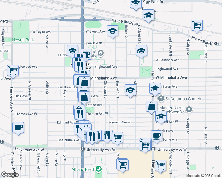 map of restaurants, bars, coffee shops, grocery stores, and more near 1488 West Minnehaha Avenue in Saint Paul