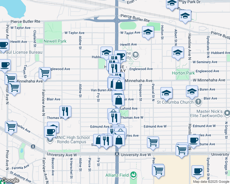 map of restaurants, bars, coffee shops, grocery stores, and more near 1602 West Minnehaha Avenue in Saint Paul