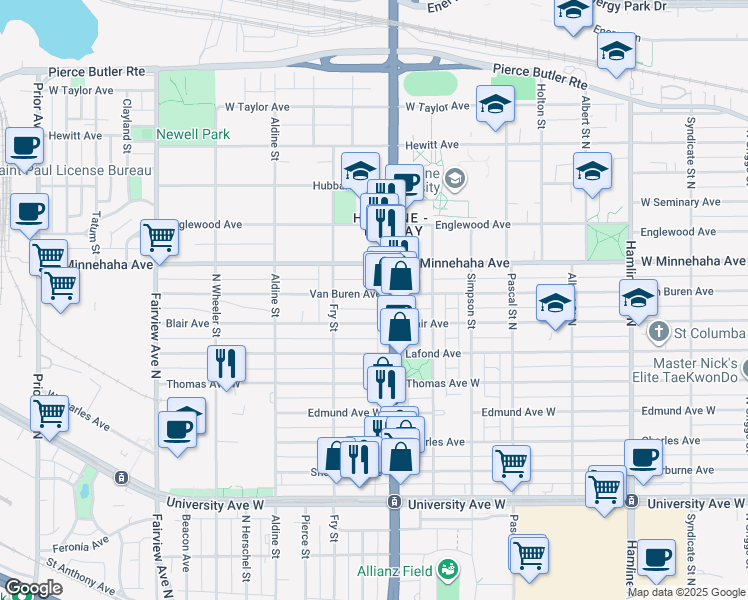 map of restaurants, bars, coffee shops, grocery stores, and more near 1602 West Minnehaha Avenue in Saint Paul