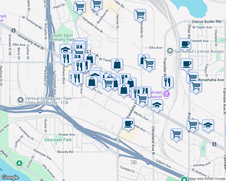 map of restaurants, bars, coffee shops, grocery stores, and more near 765 North Hampden Avenue in Saint Paul