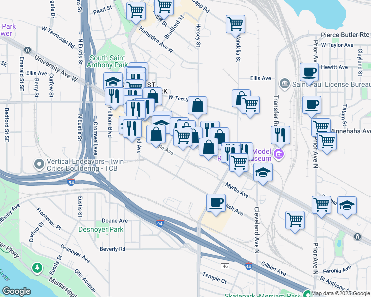 map of restaurants, bars, coffee shops, grocery stores, and more near 765 North Hampden Avenue in Saint Paul