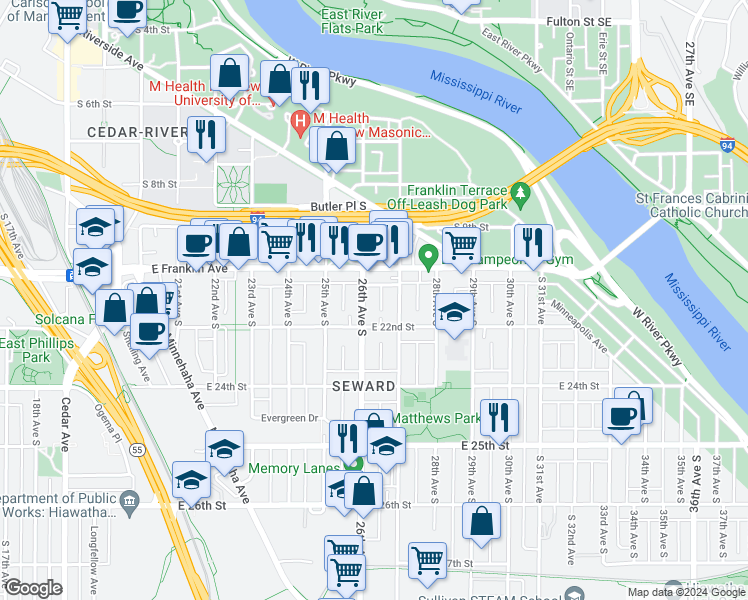 map of restaurants, bars, coffee shops, grocery stores, and more near 2609 East Franklin Avenue in Minneapolis
