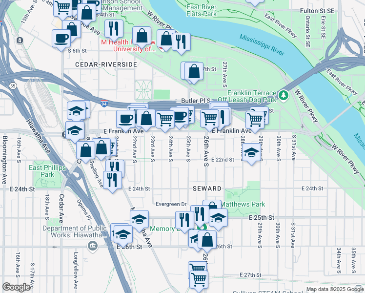 map of restaurants, bars, coffee shops, grocery stores, and more near 2407 East Franklin Avenue in Minneapolis