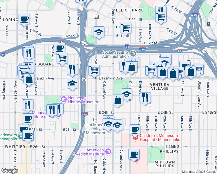 map of restaurants, bars, coffee shops, grocery stores, and more near 2002 Park Avenue in Minneapolis