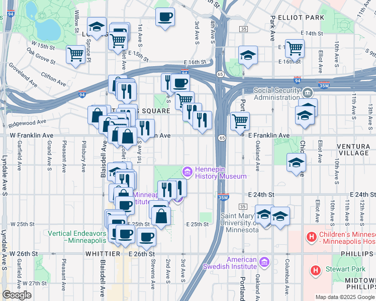 map of restaurants, bars, coffee shops, grocery stores, and more near 2000 3rd Avenue South in Minneapolis