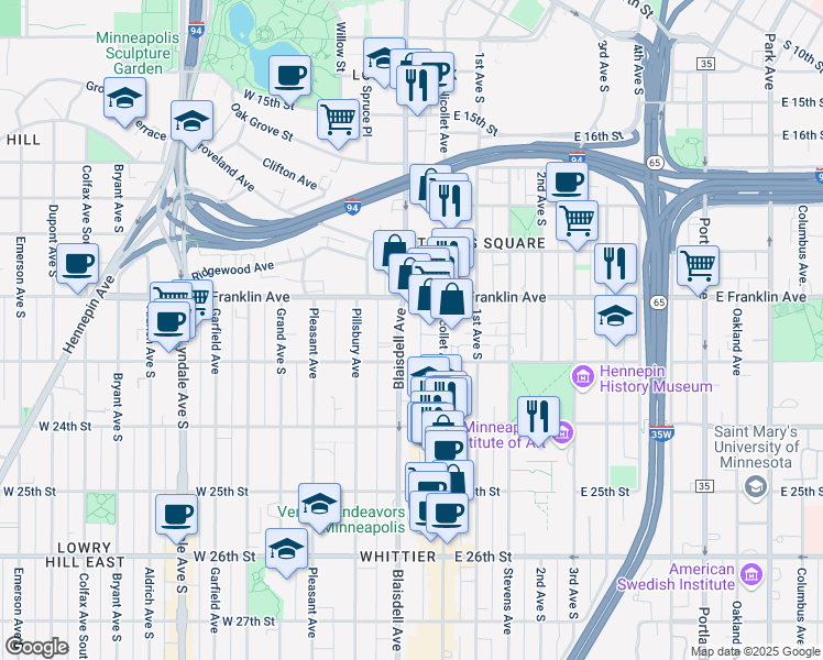 map of restaurants, bars, coffee shops, grocery stores, and more near 3 West Franklin Avenue in Minneapolis