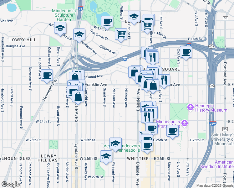 map of restaurants, bars, coffee shops, grocery stores, and more near 215 West Franklin Avenue in Minneapolis