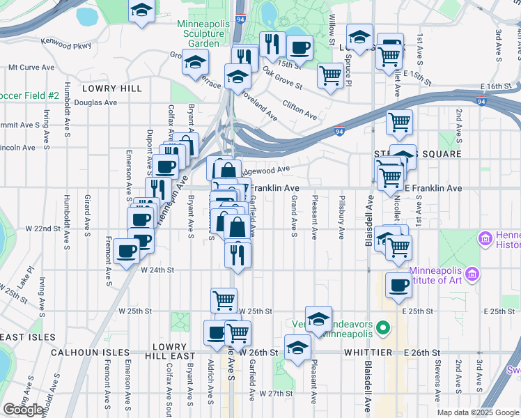 map of restaurants, bars, coffee shops, grocery stores, and more near 2005 Garfield Avenue in Minneapolis