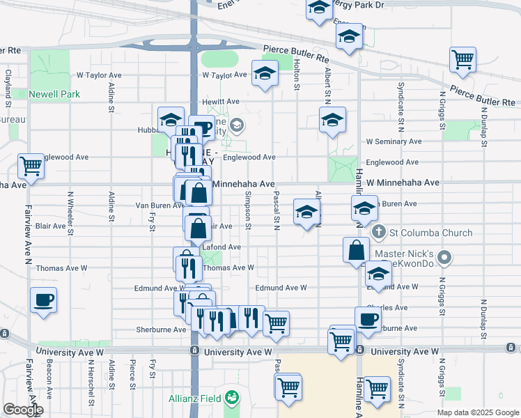 map of restaurants, bars, coffee shops, grocery stores, and more near 1488 West Minnehaha Avenue in Saint Paul