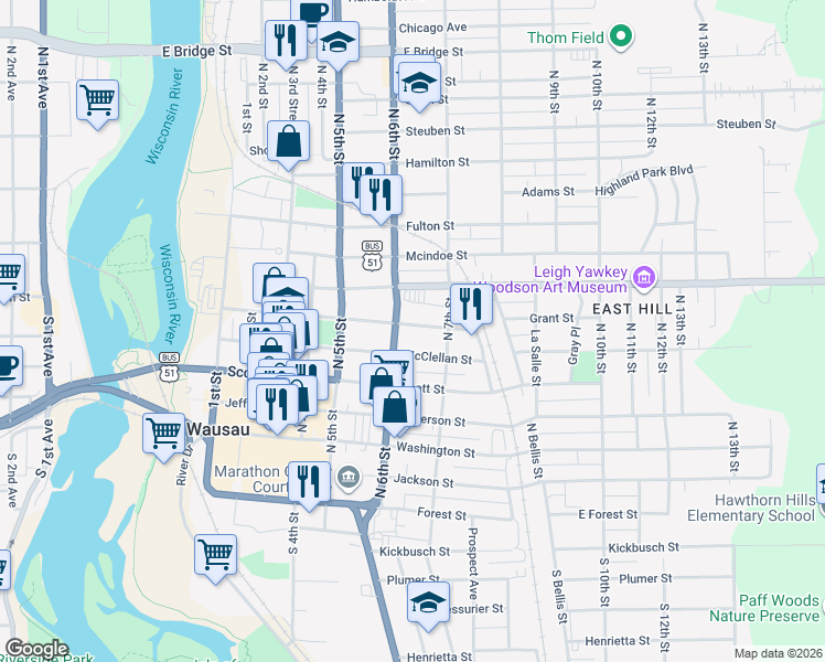 map of restaurants, bars, coffee shops, grocery stores, and more near 616 Grant Street in Wausau