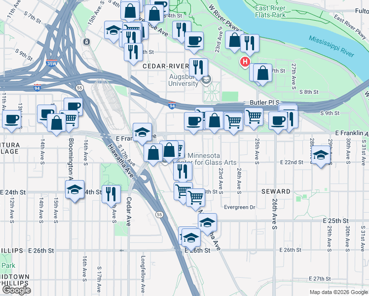 map of restaurants, bars, coffee shops, grocery stores, and more near 2027 East Franklin Avenue in Minneapolis