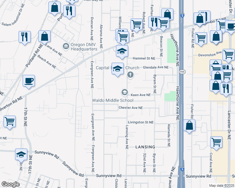 map of restaurants, bars, coffee shops, grocery stores, and more near 2805 Lansing Avenue Northeast in Salem