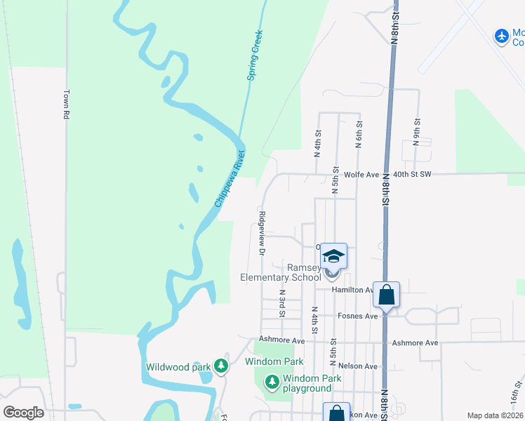 map of restaurants, bars, coffee shops, grocery stores, and more near 1508 Ridgeview Drive in Montevideo