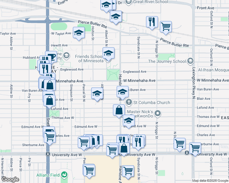 map of restaurants, bars, coffee shops, grocery stores, and more near 1358 West Van Buren Avenue in Saint Paul