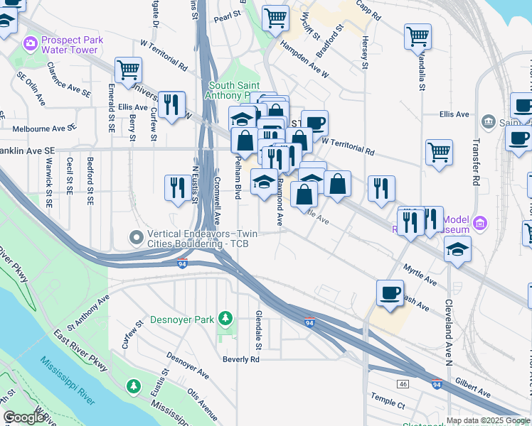 map of restaurants, bars, coffee shops, grocery stores, and more near 709 Raymond Avenue in Saint Paul