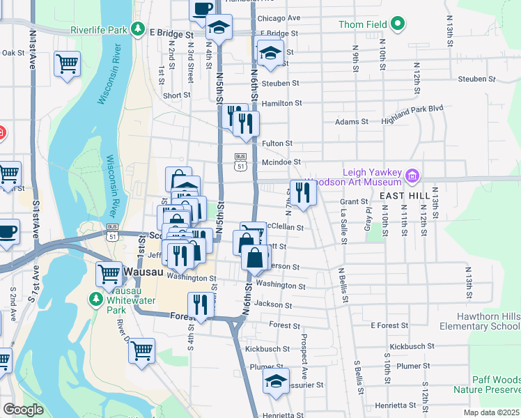 map of restaurants, bars, coffee shops, grocery stores, and more near 603 Grant Street in Wausau