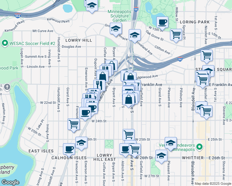 map of restaurants, bars, coffee shops, grocery stores, and more near 2101 Bryant Avenue South in Minneapolis