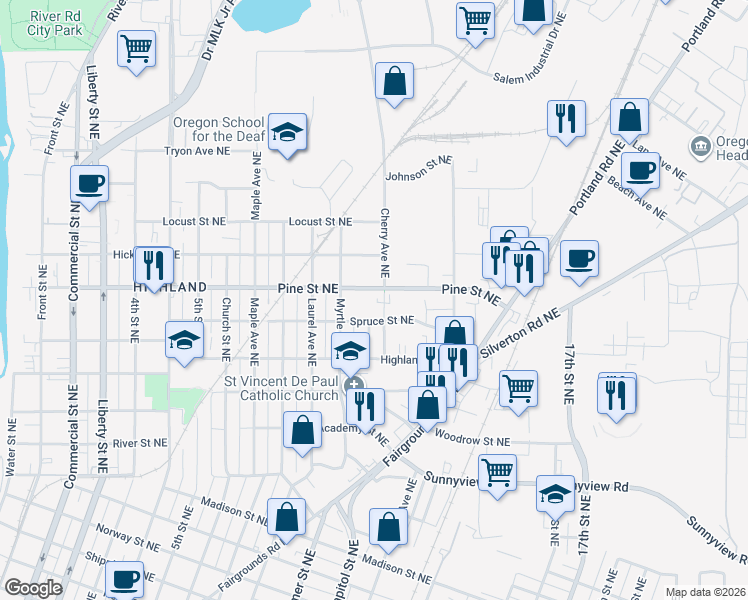 map of restaurants, bars, coffee shops, grocery stores, and more near 2515 Cherry Avenue Northeast in Salem