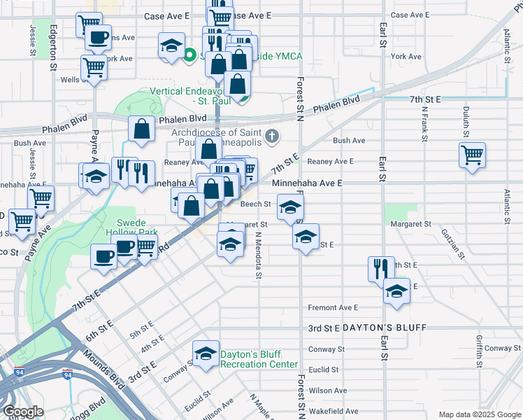 map of restaurants, bars, coffee shops, grocery stores, and more near 881 Beech Street in Saint Paul