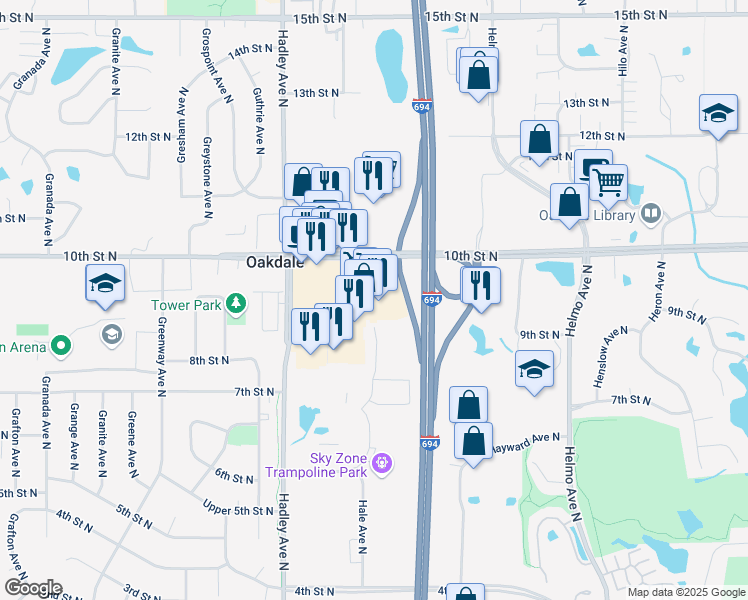 map of restaurants, bars, coffee shops, grocery stores, and more near 7191 10th Street North in Oakdale