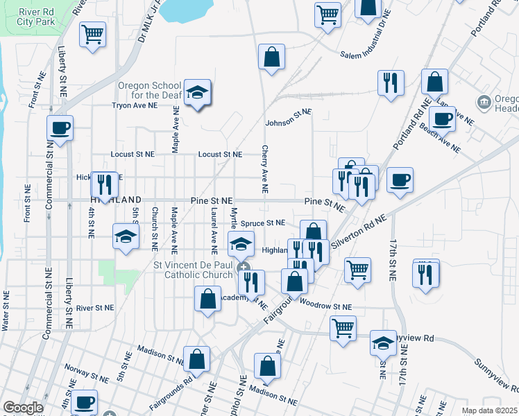 map of restaurants, bars, coffee shops, grocery stores, and more near 2515 Cherry Avenue Northeast in Salem