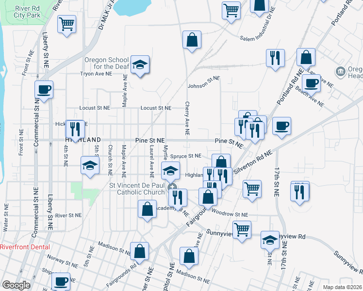 map of restaurants, bars, coffee shops, grocery stores, and more near 2515 Cherry Avenue Northeast in Salem