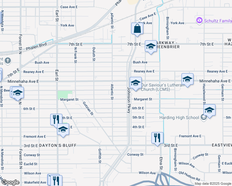 map of restaurants, bars, coffee shops, grocery stores, and more near 1243 Beech Street in Saint Paul