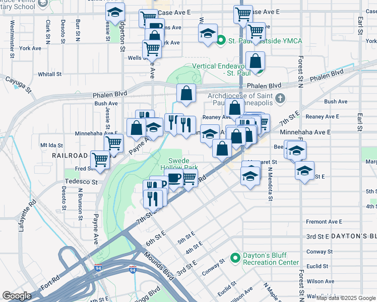 map of restaurants, bars, coffee shops, grocery stores, and more near 704 Minnehaha Avenue East in Saint Paul