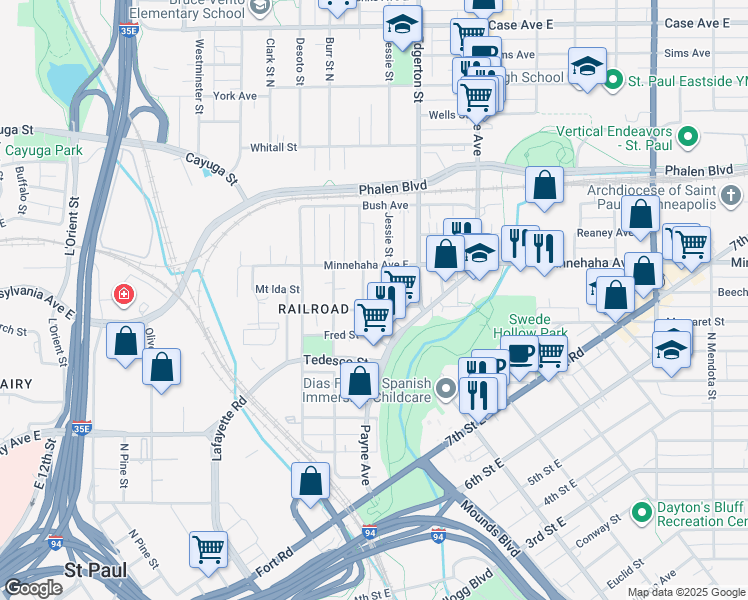map of restaurants, bars, coffee shops, grocery stores, and more near 705 North Bedford Street in Saint Paul