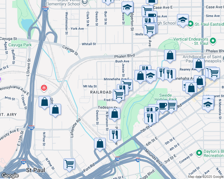 map of restaurants, bars, coffee shops, grocery stores, and more near 711 Bradley Street in Saint Paul