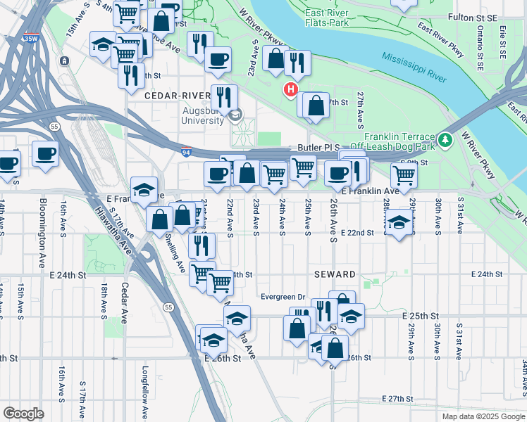 map of restaurants, bars, coffee shops, grocery stores, and more near in Minneapolis