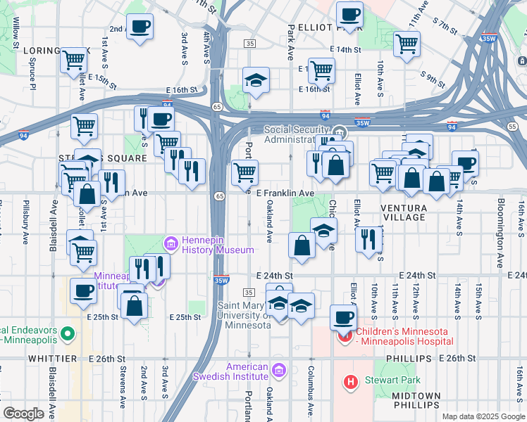 map of restaurants, bars, coffee shops, grocery stores, and more near in Minneapolis