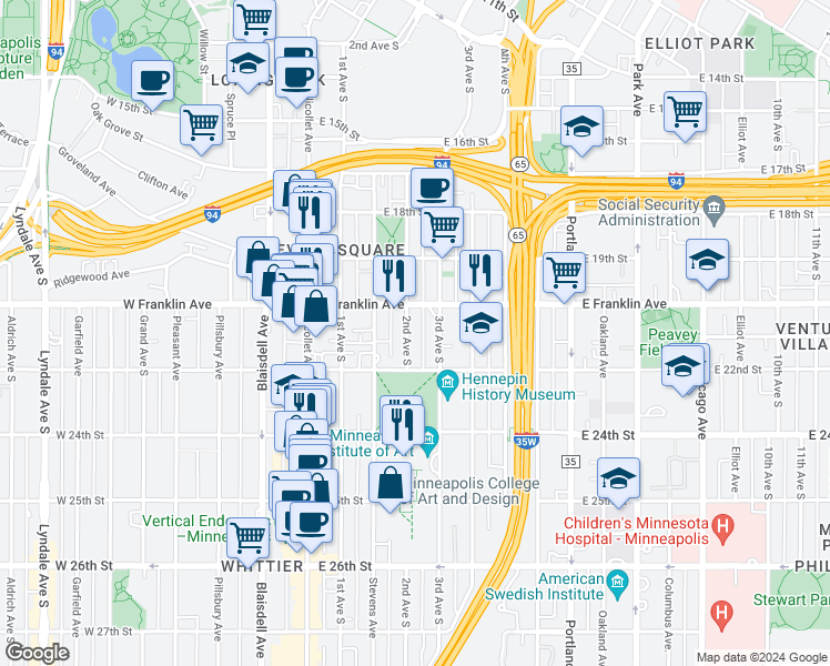 map of restaurants, bars, coffee shops, grocery stores, and more near 2000 3rd Avenue South in Minneapolis