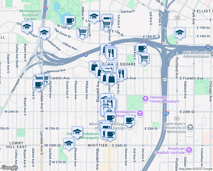 map of restaurants, bars, coffee shops, grocery stores, and more near 3 West Franklin Avenue in Minneapolis