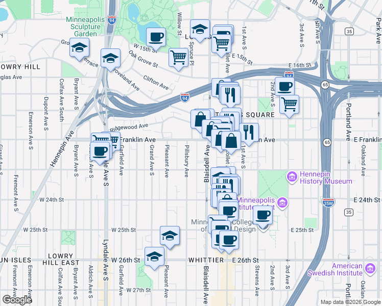 map of restaurants, bars, coffee shops, grocery stores, and more near 121 1/2 West Franklin Avenue in Minneapolis