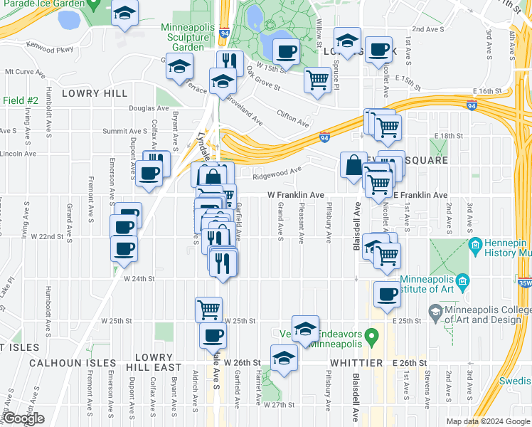 map of restaurants, bars, coffee shops, grocery stores, and more near 411 West Franklin Avenue in Minneapolis