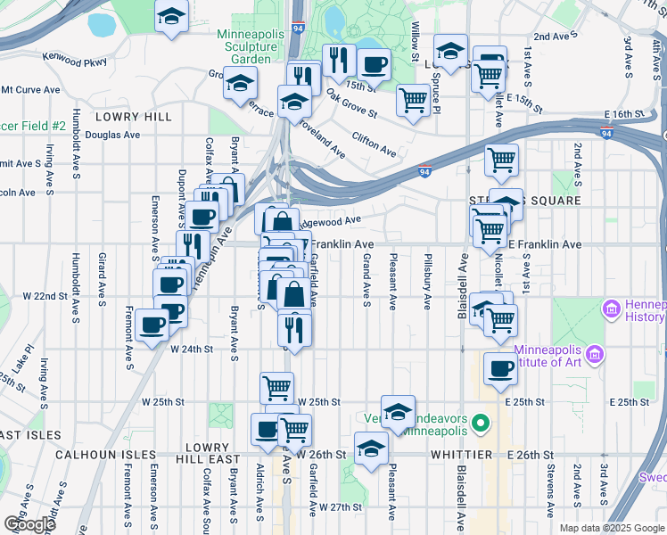 map of restaurants, bars, coffee shops, grocery stores, and more near 2005 Garfield Avenue in Minneapolis
