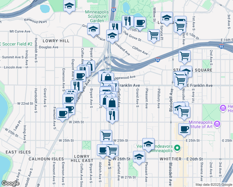 map of restaurants, bars, coffee shops, grocery stores, and more near 2005 Garfield Avenue in Minneapolis