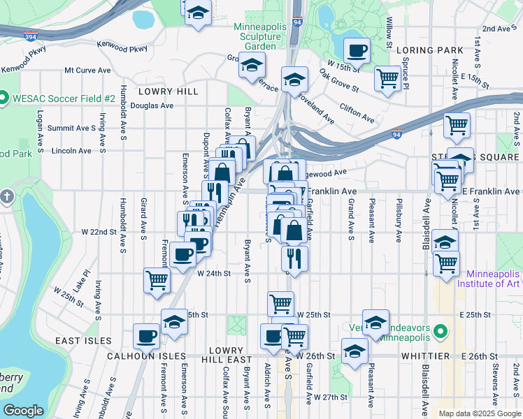 map of restaurants, bars, coffee shops, grocery stores, and more near 2000 Aldrich Avenue South in Minneapolis