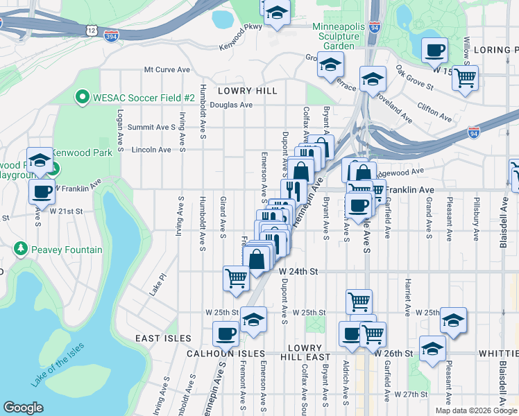 map of restaurants, bars, coffee shops, grocery stores, and more near 1117 West Franklin Avenue in Minneapolis