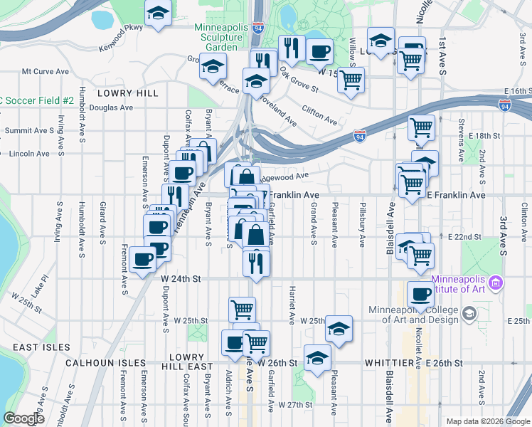 map of restaurants, bars, coffee shops, grocery stores, and more near 2005 Garfield Avenue in Minneapolis