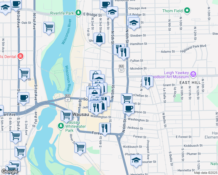 map of restaurants, bars, coffee shops, grocery stores, and more near 407 Grant Street in Wausau