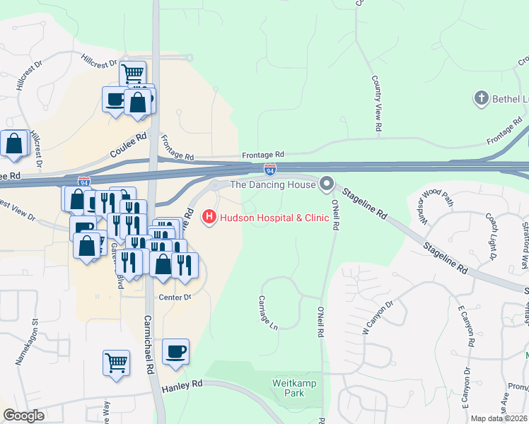 map of restaurants, bars, coffee shops, grocery stores, and more near 441 Stageline Road in Hudson