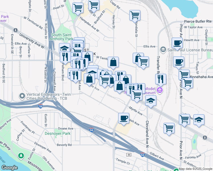 map of restaurants, bars, coffee shops, grocery stores, and more near 765 North Hampden Avenue in Saint Paul